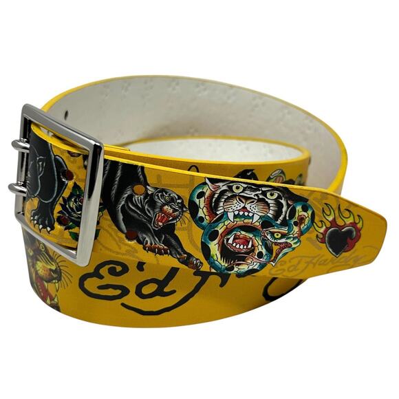Ed Hardy Men's Double Prong Panther Snake Print Yellow Belt With Rivet Studs - Picture 2 of 6